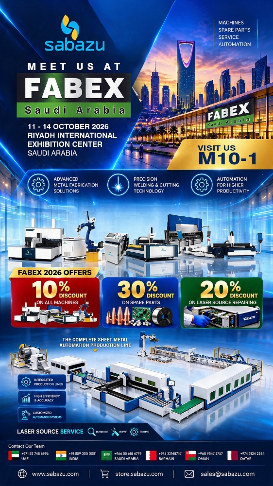 SABAZU is exhibiting at FABEX Saudi Arabia 2026 in Riyadh from 11–14 October 2026. Visit us at Stand M10-1 to explore advanced metal fabrication, precision welding & cutting, automation solutions, spare parts and laser source services